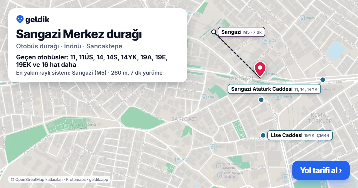 Sarıgazi Merkez otobüs durağı haritada: konumu ve yakındaki duraklar