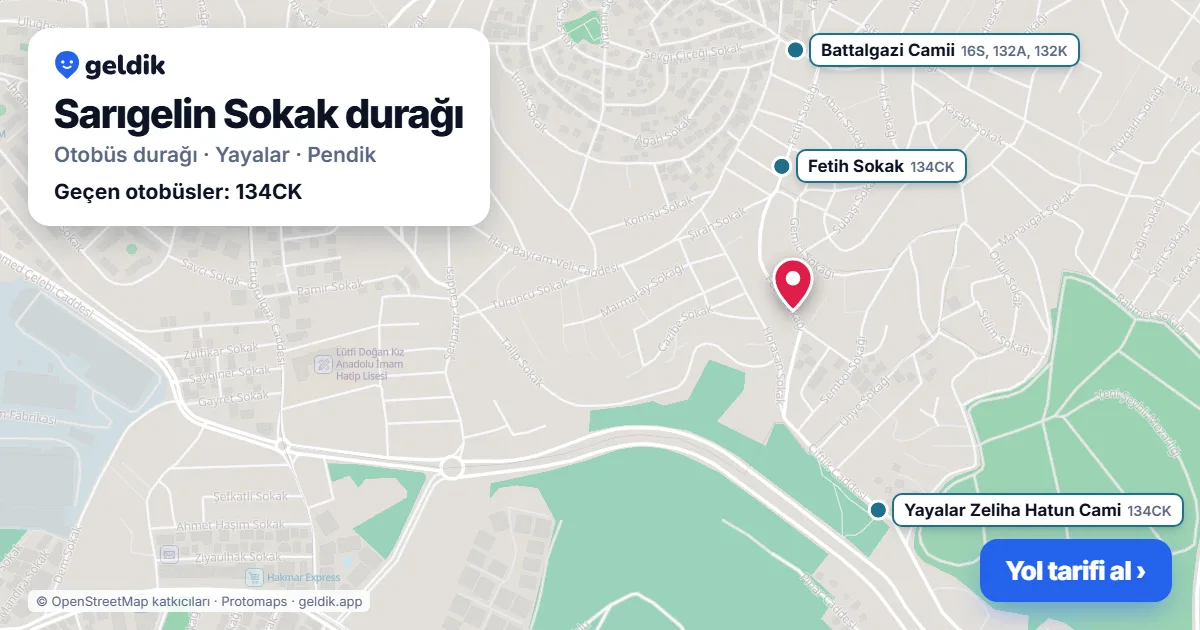 Sarıgelin Sokak otobüs durağı haritada: konumu ve yakındaki duraklar