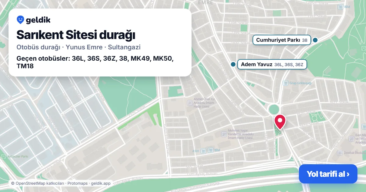 Sarıkent Sitesi otobüs durağı haritada: konumu ve yakındaki duraklar