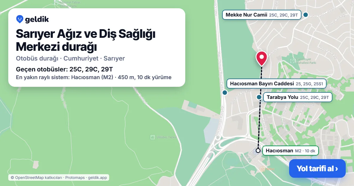 Sarıyer Ağız ve Diş Sağlığı Merkezi otobüs durağı haritada: konumu ve yakındaki duraklar