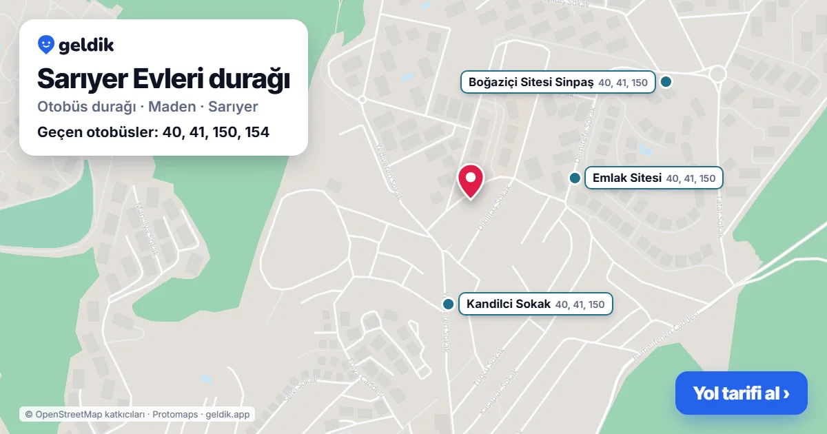 Sarıyer Evleri otobüs durağı haritada: konumu ve yakındaki duraklar