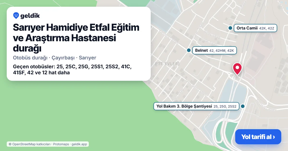 Sarıyer Hamidiye Etfal Eğitim ve Araştırma Hastanesi otobüs durağı haritada: konumu ve yakındaki duraklar