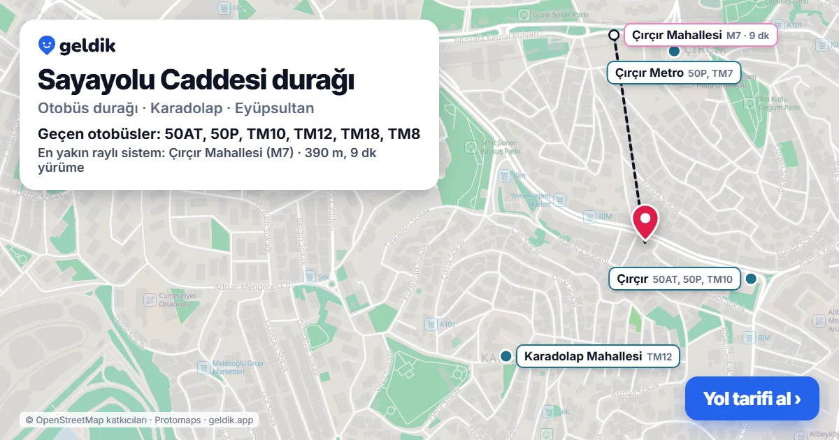 Sayayolu Caddesi otobüs durağı haritada: konumu ve yakındaki duraklar