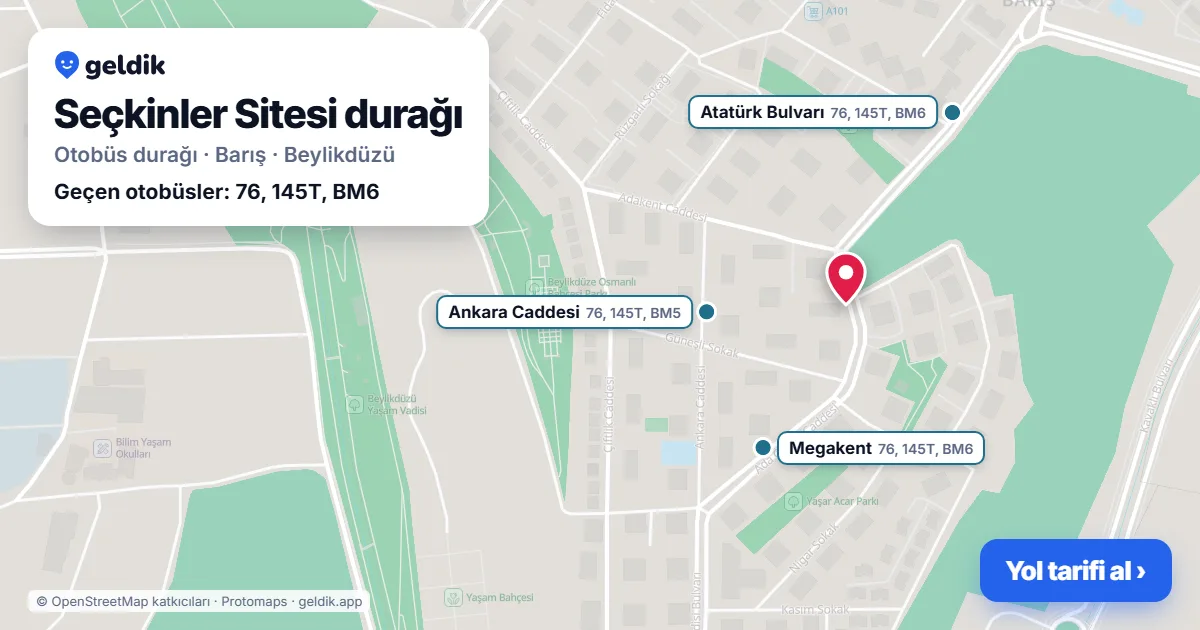 Seçkinler Sitesi otobüs durağı haritada: konumu ve yakındaki duraklar