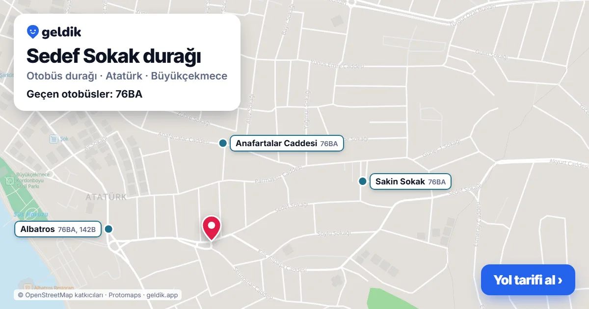 Sedef Sokak otobüs durağı haritada: konumu ve yakındaki duraklar