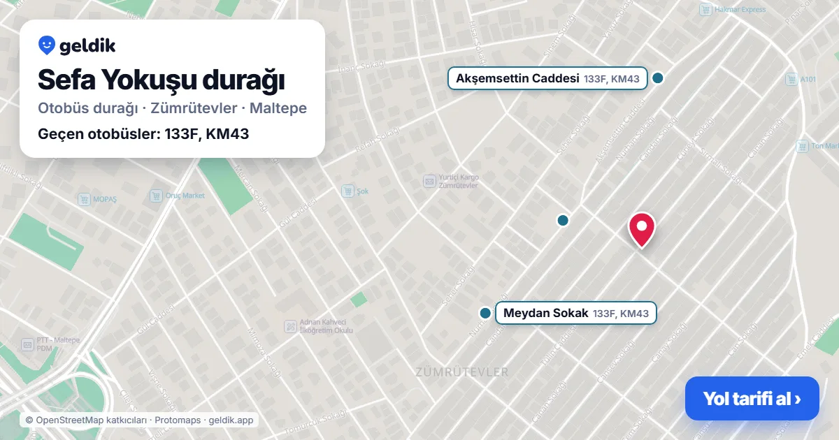 Sefa Yokuşu otobüs durağı haritada: konumu ve yakındaki duraklar