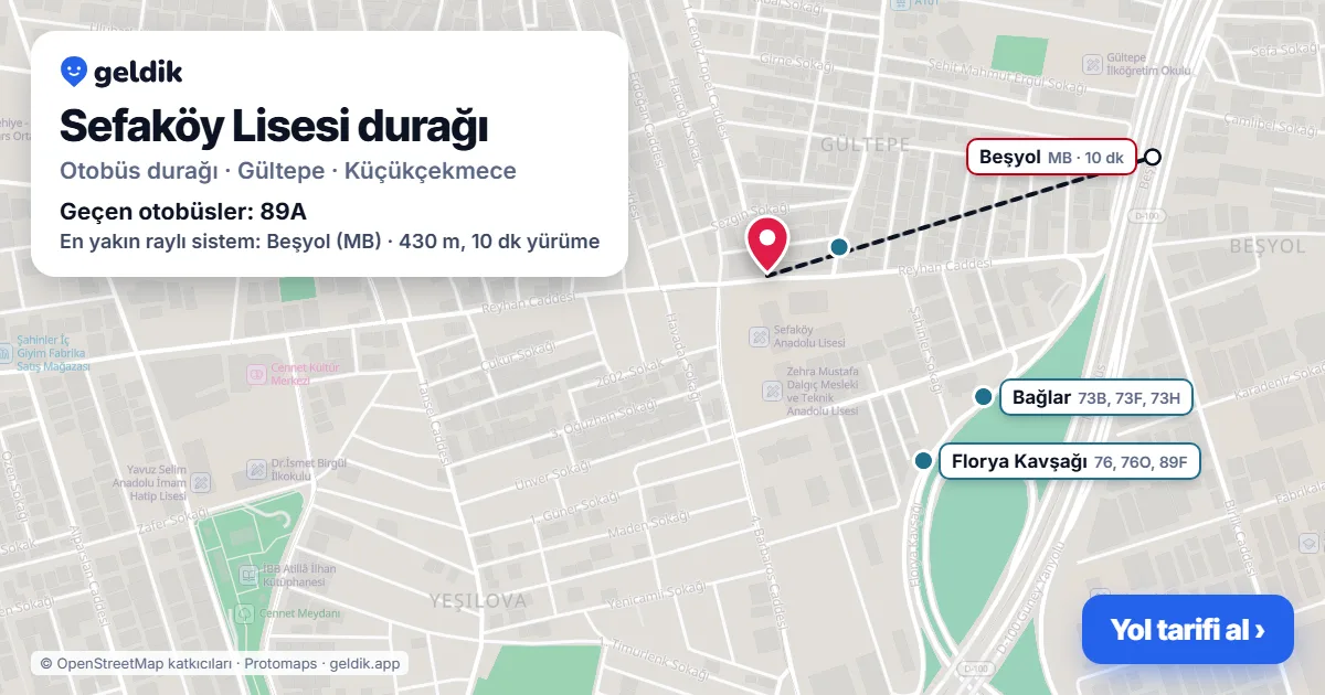 Sefaköy Lisesi otobüs durağı haritada: konumu ve yakındaki duraklar