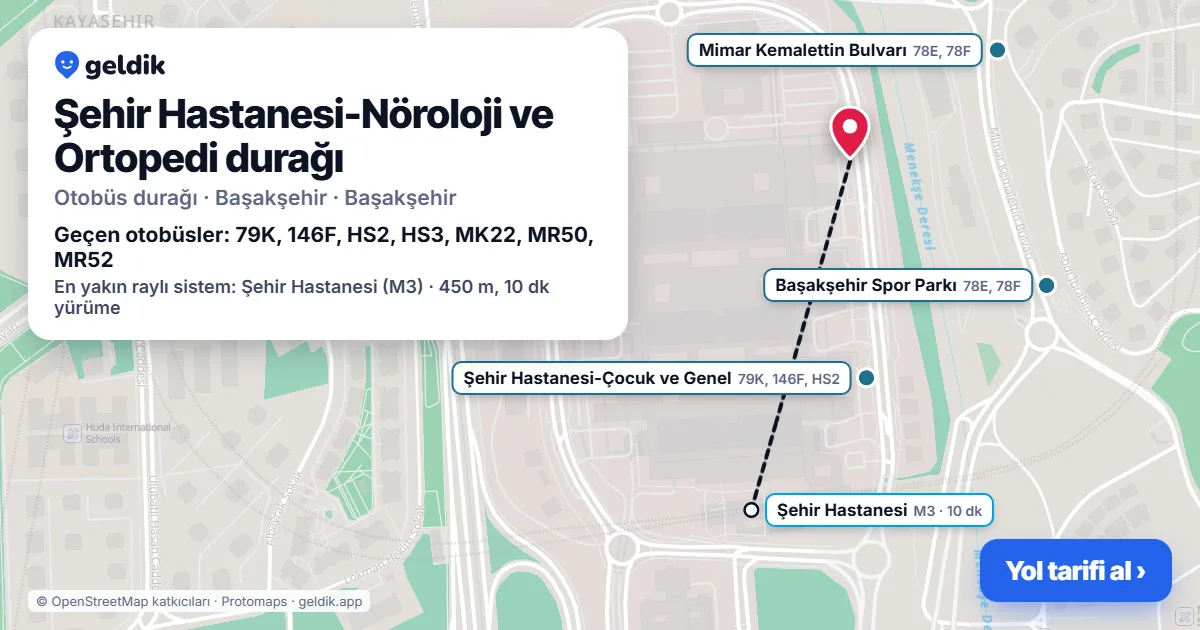 Şehir Hastanesi-Nöroloji ve Ortopedi otobüs durağı haritada: konumu ve yakındaki duraklar