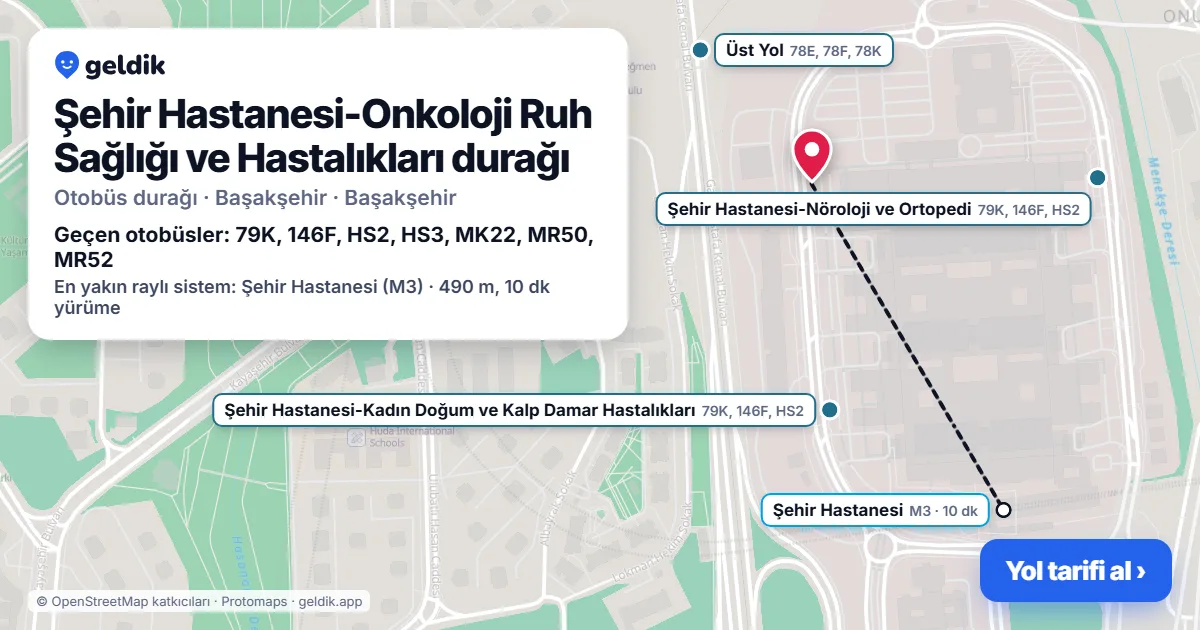 Şehir Hastanesi-Onkoloji Ruh Sağlığı ve Hastalıkları otobüs durağı haritada: konumu ve yakındaki duraklar