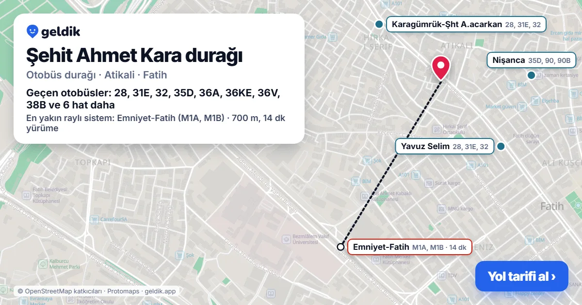 Şehit Ahmet Kara otobüs durağı haritada: konumu ve yakındaki duraklar