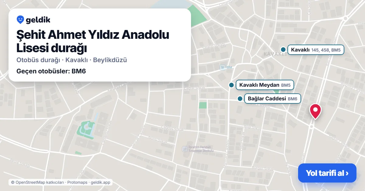 Şehit Ahmet Yıldız Anadolu Lisesi otobüs durağı haritada: konumu ve yakındaki duraklar