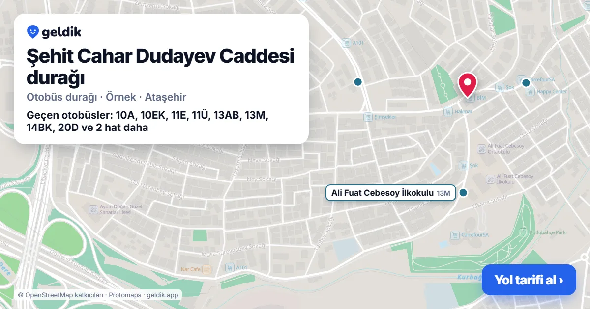 Şehit Cahar Dudayev Caddesi otobüs durağı haritada: konumu ve yakındaki duraklar