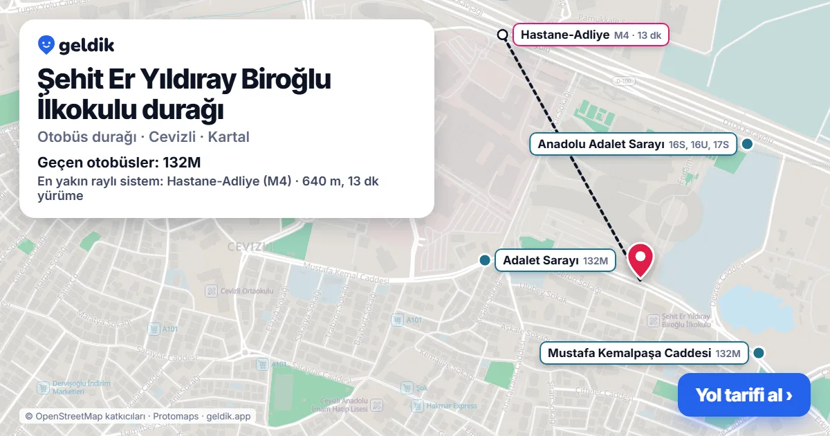 Şehit Er Yıldıray Biroğlu İlkokulu otobüs durağı haritada: konumu ve yakındaki duraklar