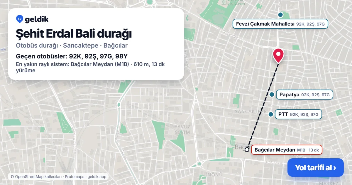 Şehit Erdal Bali otobüs durağı haritada: konumu ve yakındaki duraklar