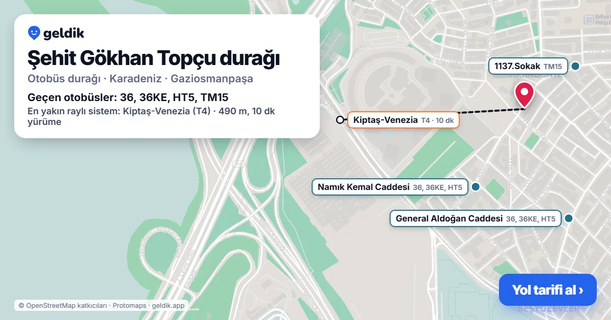 Şehit Gökhan Topçu otobüs durağı haritada: konumu ve yakındaki duraklar