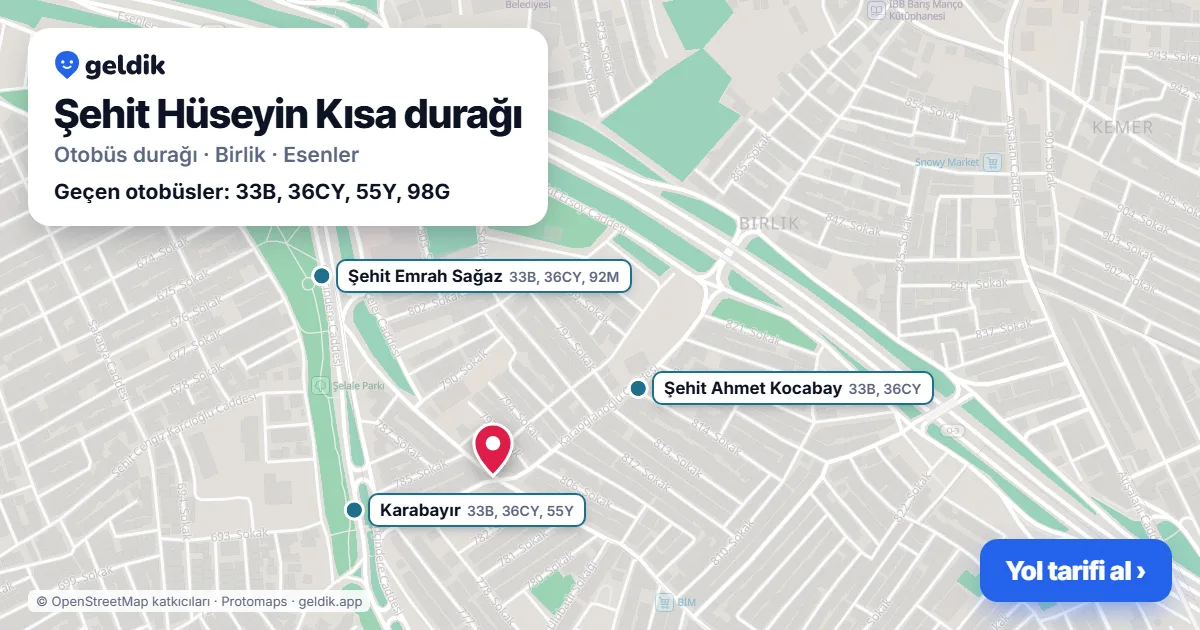 Şehit Hüseyin Kısa otobüs durağı haritada: konumu ve yakındaki duraklar