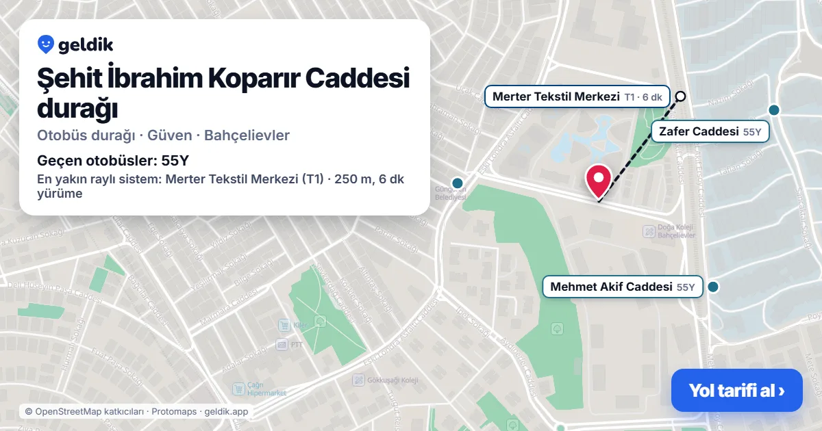 Şehit İbrahim Koparır Caddesi otobüs durağı haritada: konumu ve yakındaki duraklar