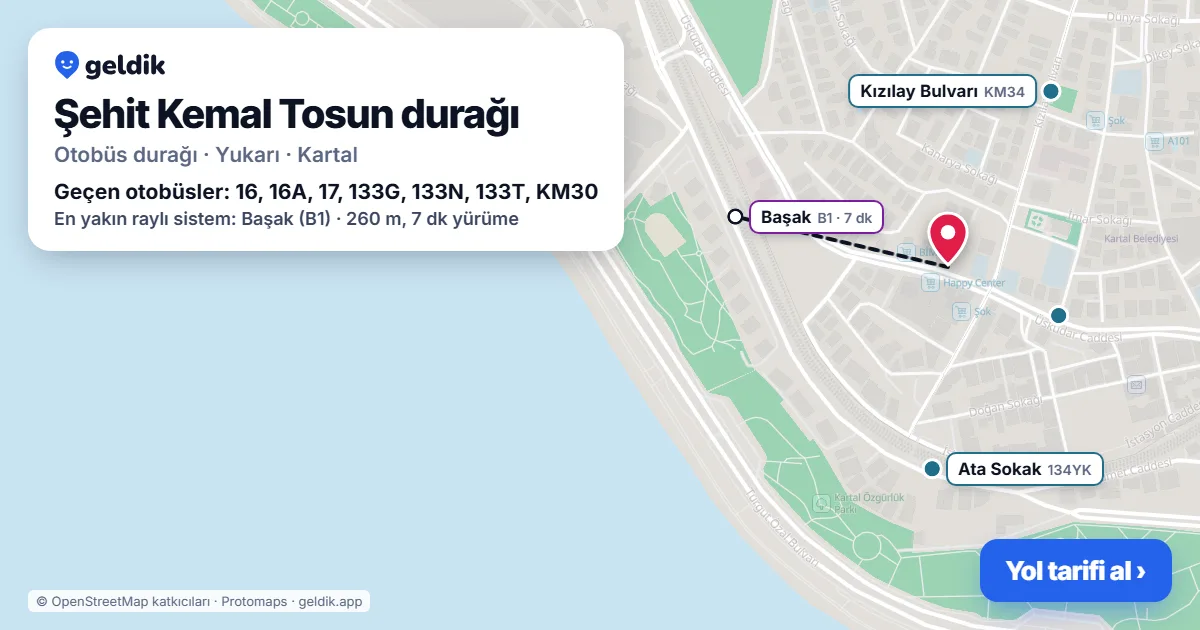 Şehit Kemal Tosun otobüs durağı haritada: konumu ve yakındaki duraklar