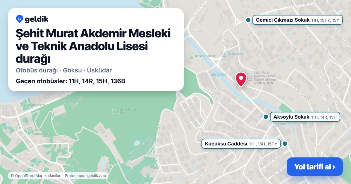 Şehit Murat Akdemir Mesleki ve Teknik Anadolu Lisesi otobüs durağı haritada: konumu ve yakındaki duraklar