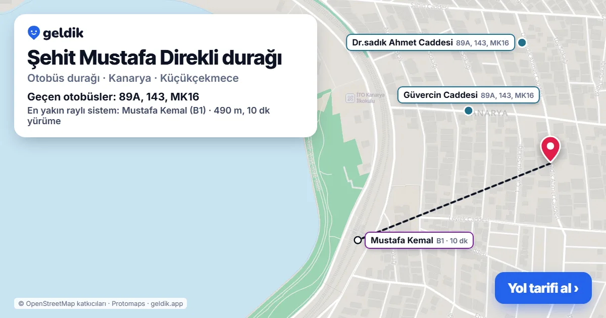 Şehit Mustafa Direkli otobüs durağı haritada: konumu ve yakındaki duraklar