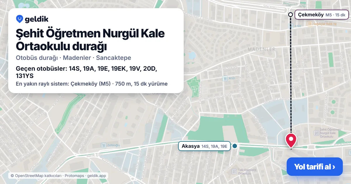 Şehit Öğretmen Nurgül Kale Ortaokulu otobüs durağı haritada: konumu ve yakındaki duraklar