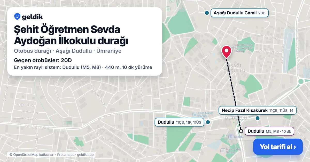 Şehit Öğretmen Sevda Aydoğan İlkokulu otobüs durağı haritada: konumu ve yakındaki duraklar