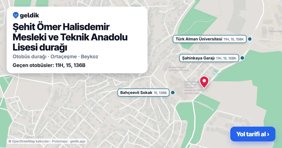 Şehit Ömer Halisdemir Mesleki ve Teknik Anadolu Lisesi otobüs durağı haritada: konumu ve yakındaki duraklar