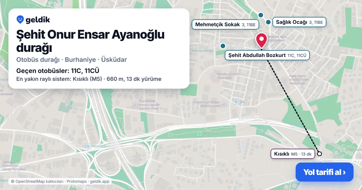 Şehit Onur Ensar Ayanoğlu otobüs durağı haritada: konumu ve yakındaki duraklar