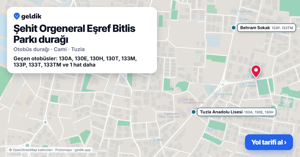 Şehit Orgeneral Eşref Bitlis Parkı otobüs durağı haritada: konumu ve yakındaki duraklar