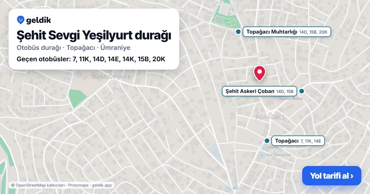 Şehit Sevgi Yeşilyurt otobüs durağı haritada: konumu ve yakındaki duraklar