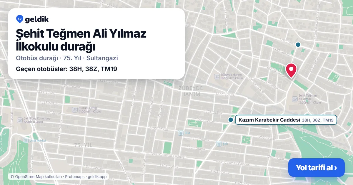 Şehit Teğmen Ali Yılmaz İlkokulu otobüs durağı haritada: konumu ve yakındaki duraklar