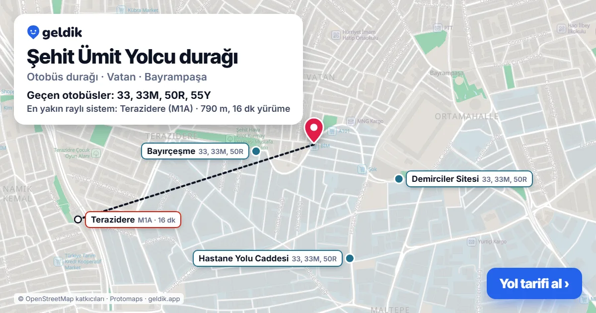 Şehit Ümit Yolcu otobüs durağı haritada: konumu ve yakındaki duraklar