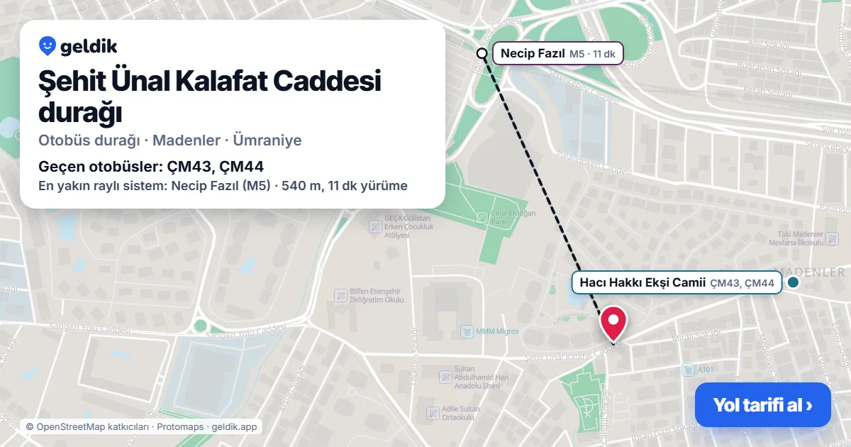 Şehit Ünal Kalafat Caddesi otobüs durağı haritada: konumu ve yakındaki duraklar