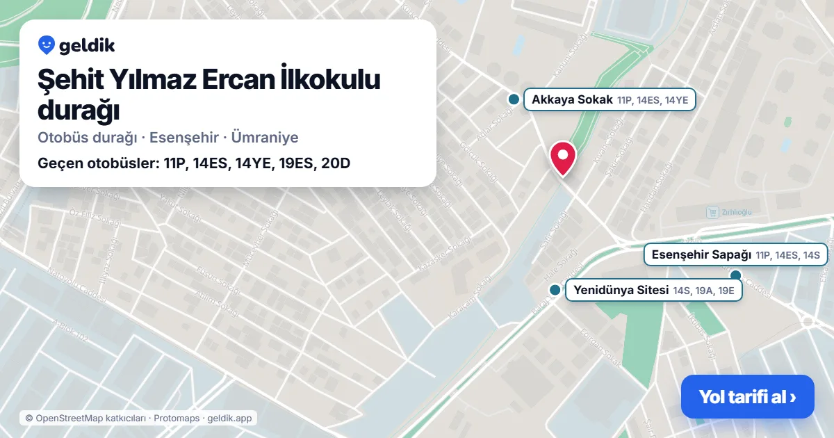 Şehit Yılmaz Ercan İlkokulu otobüs durağı haritada: konumu ve yakındaki duraklar