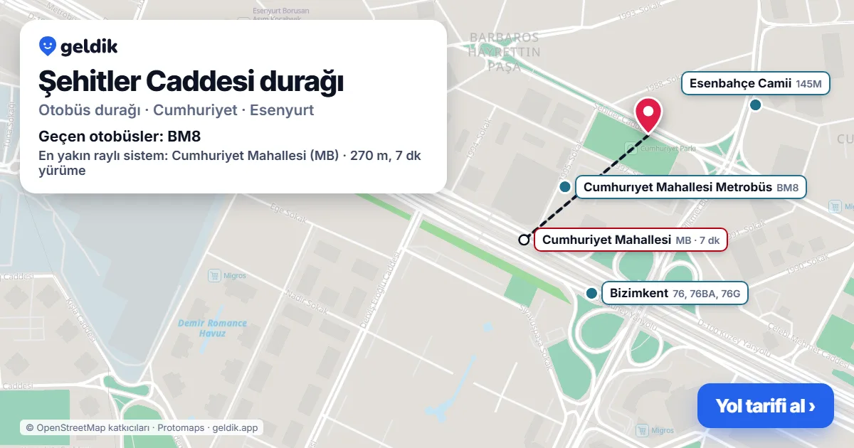 Şehitler Caddesi otobüs durağı haritada: konumu ve yakındaki duraklar