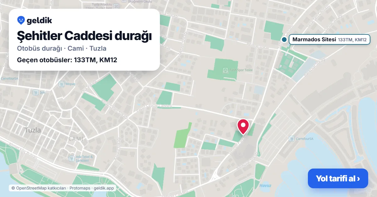Şehitler Caddesi otobüs durağı haritada: konumu ve yakındaki duraklar