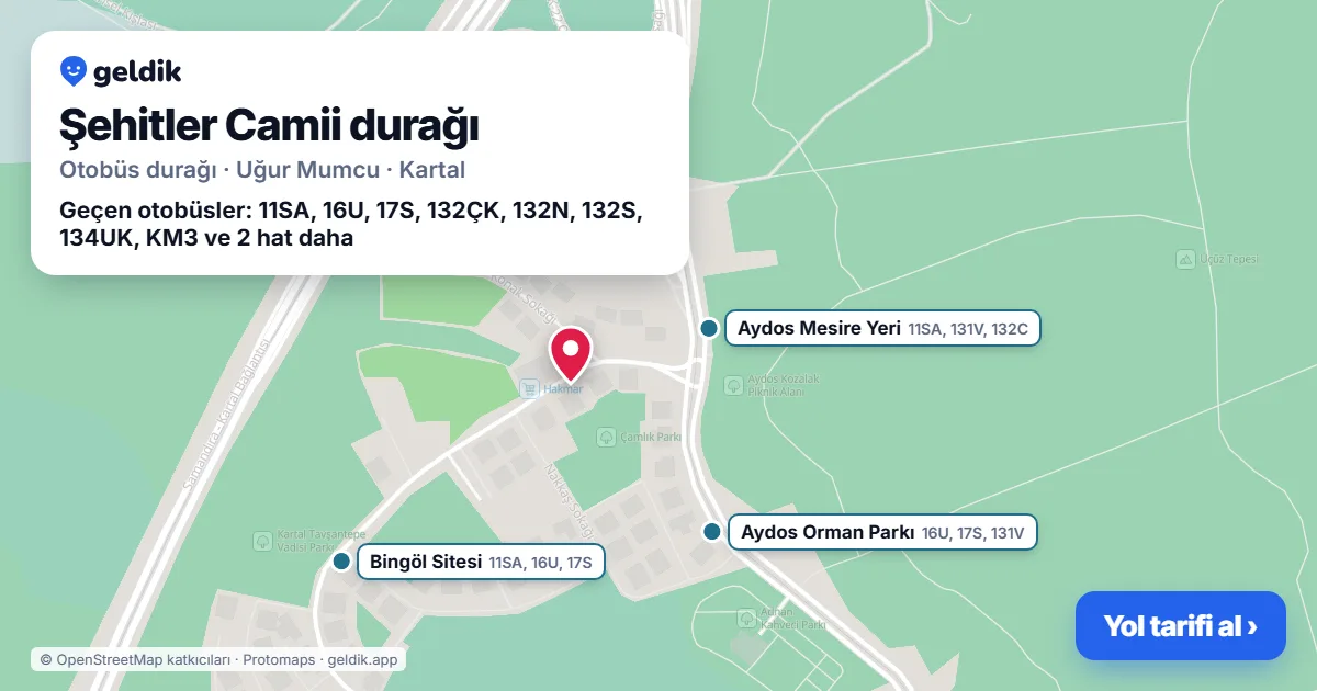 Şehitler Camii otobüs durağı haritada: konumu ve yakındaki duraklar