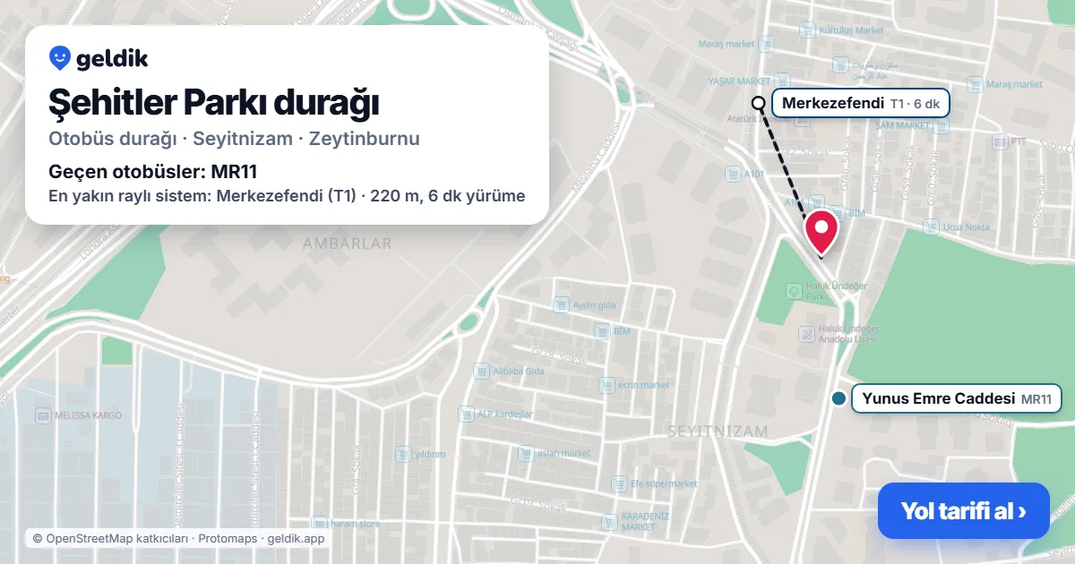 Şehitler Parkı otobüs durağı haritada: konumu ve yakındaki duraklar