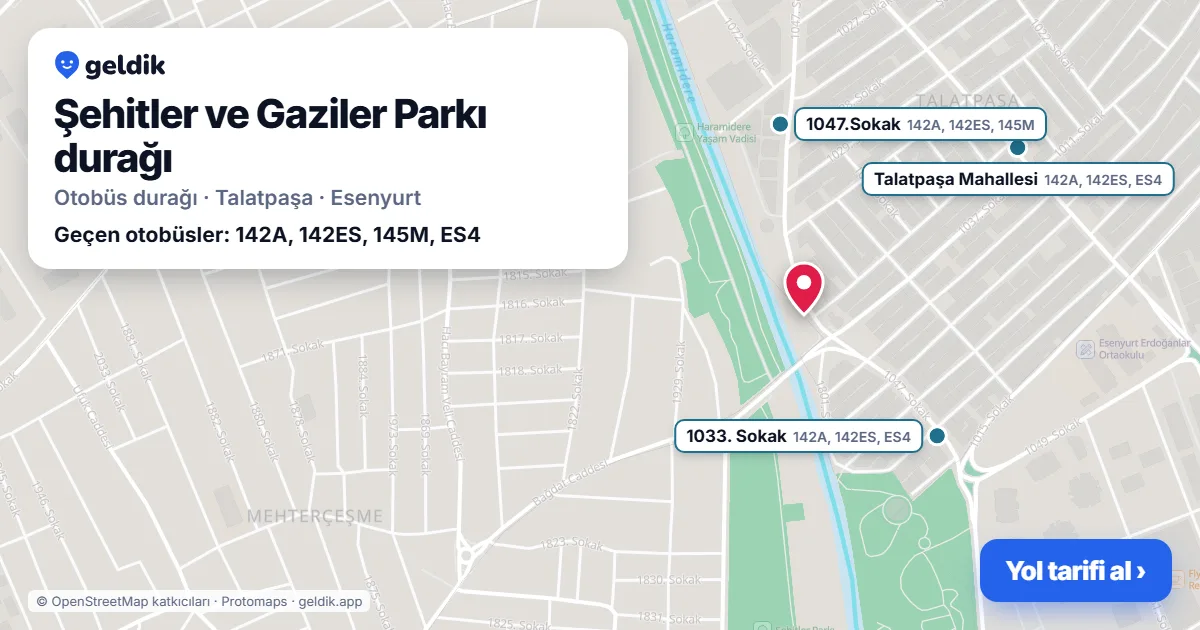 Şehitler ve Gaziler Parkı otobüs durağı haritada: konumu ve yakındaki duraklar