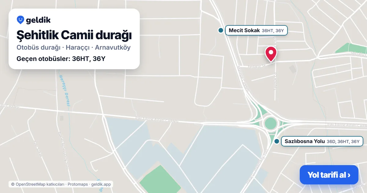 Şehitlik Camii otobüs durağı haritada: konumu ve yakındaki duraklar
