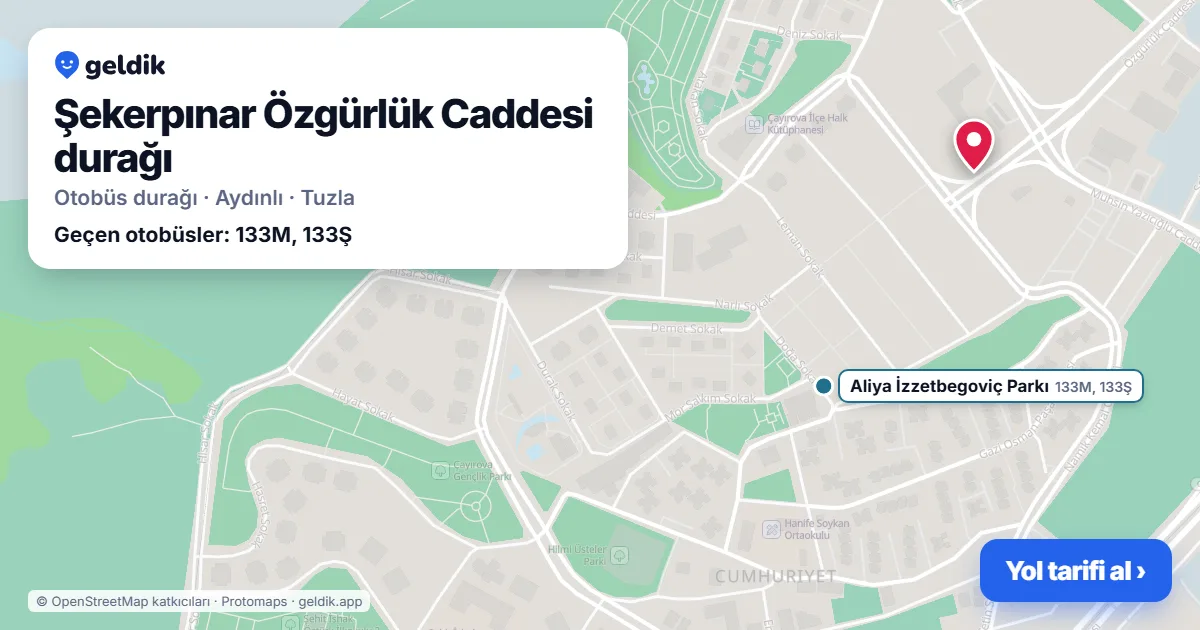 Şekerpınar Özgürlük Caddesi otobüs durağı haritada: konumu ve yakındaki duraklar