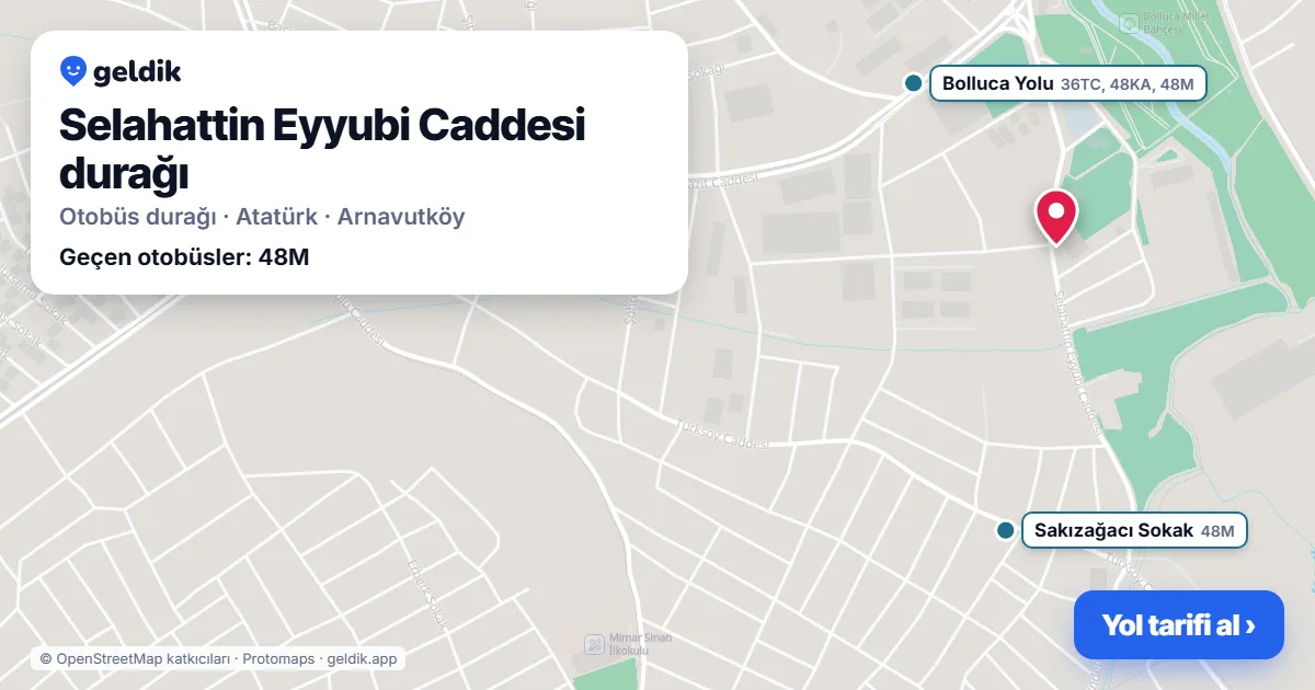 Selahattin Eyyubi Caddesi otobüs durağı haritada: konumu ve yakındaki duraklar