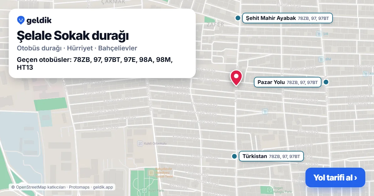 Şelale Sokak otobüs durağı haritada: konumu ve yakındaki duraklar