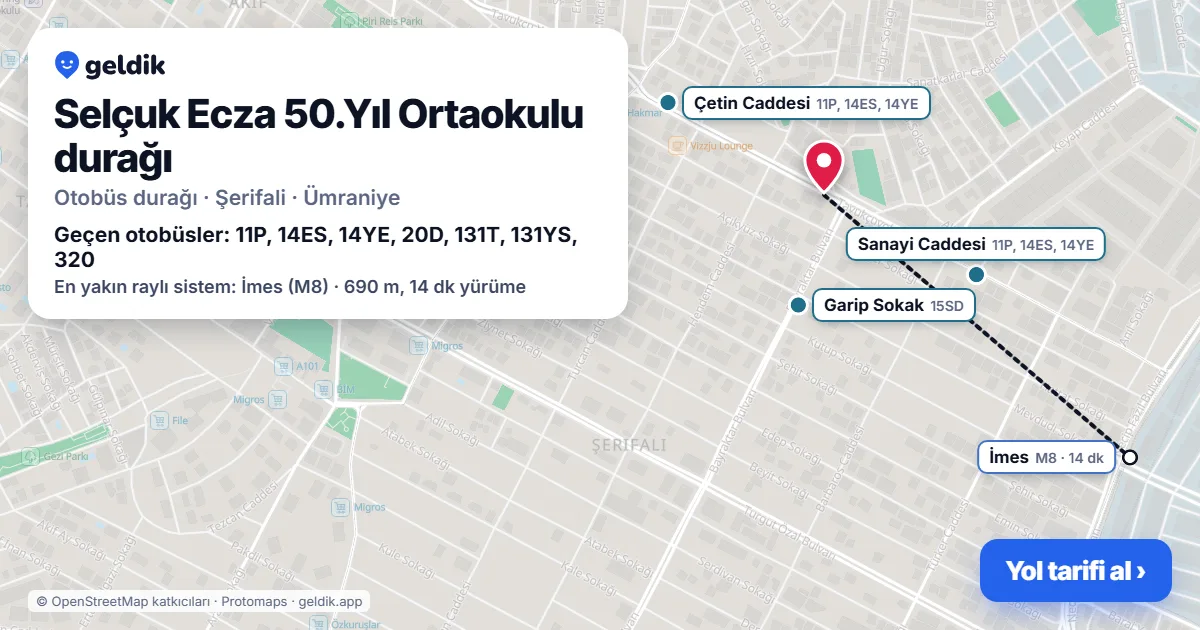Selçuk Ecza 50.Yıl Ortaokulu otobüs durağı haritada: konumu ve yakındaki duraklar