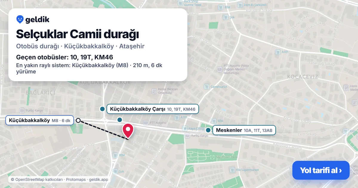 Selçuklar Camii otobüs durağı haritada: konumu ve yakındaki duraklar