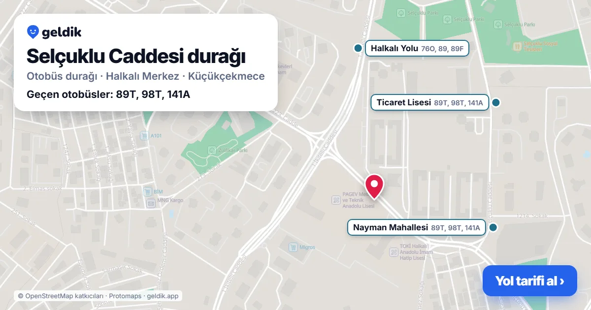 Selçuklu Caddesi otobüs durağı haritada: konumu ve yakındaki duraklar