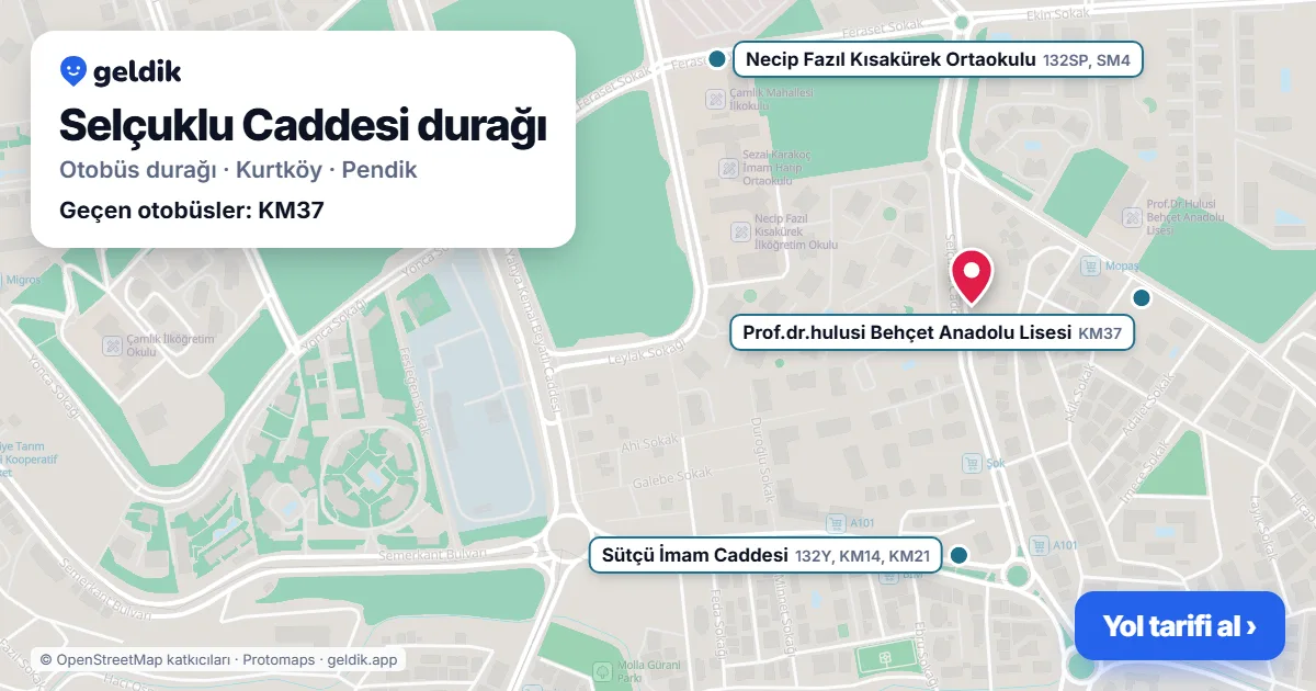 Selçuklu Caddesi otobüs durağı haritada: konumu ve yakındaki duraklar