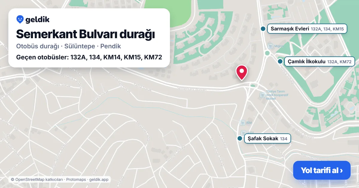 Semerkant Bulvarı otobüs durağı haritada: konumu ve yakındaki duraklar
