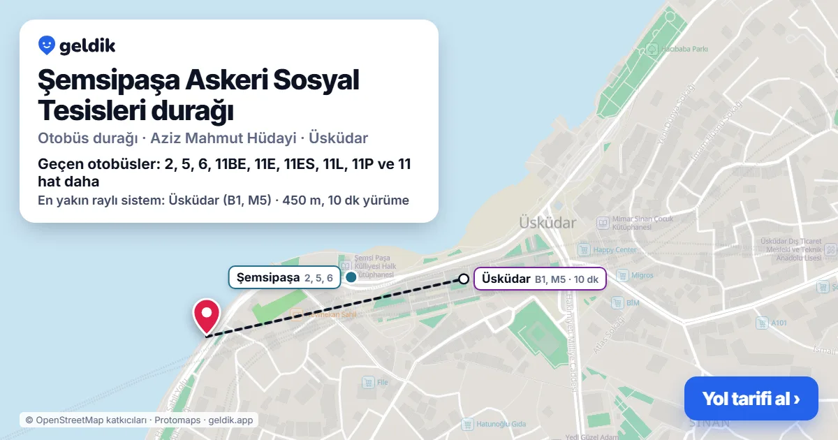 Şemsipaşa Askeri Sosyal Tesisleri otobüs durağı haritada: konumu ve yakındaki duraklar