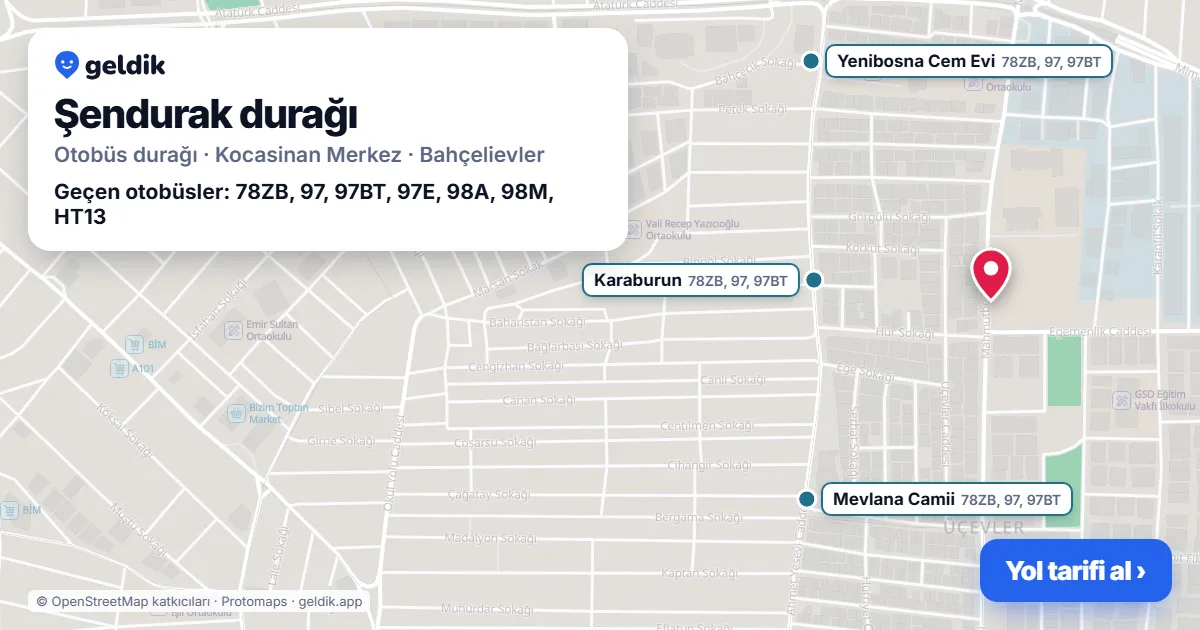 Şendurak otobüs durağı haritada: konumu ve yakındaki duraklar